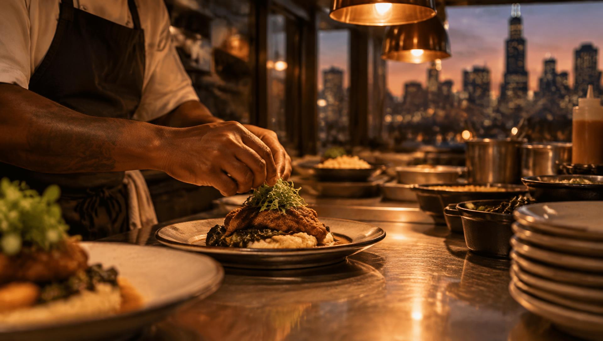 A chef plating a Southern dish at a warm restaurant pass overlooking the Chicago skyline